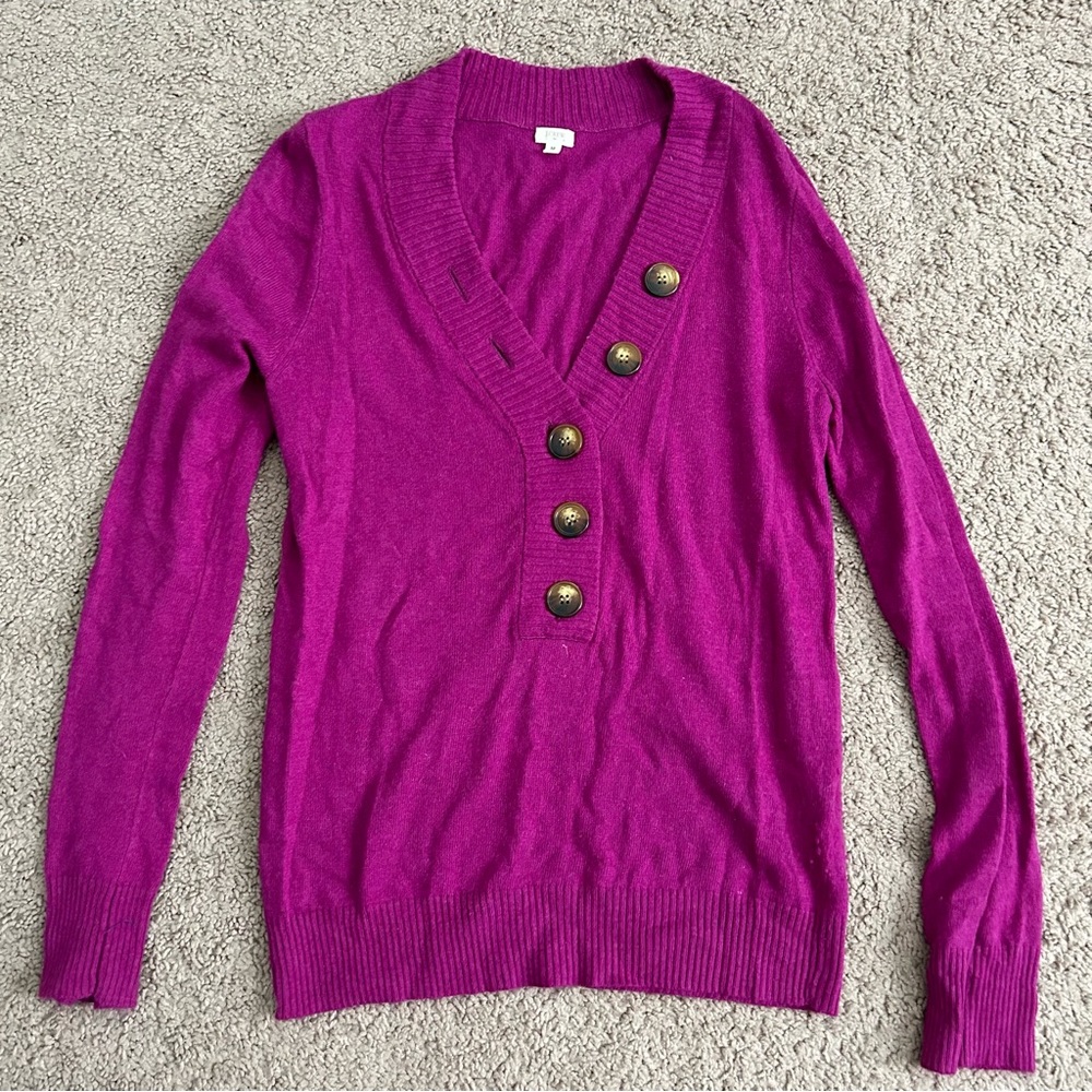 NWOT J. Crew Bright Pink Fuchsia Vneck Button Sweater Medium